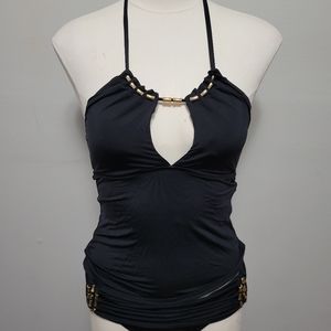 Trina Turk black gold bamboo tankini size 4